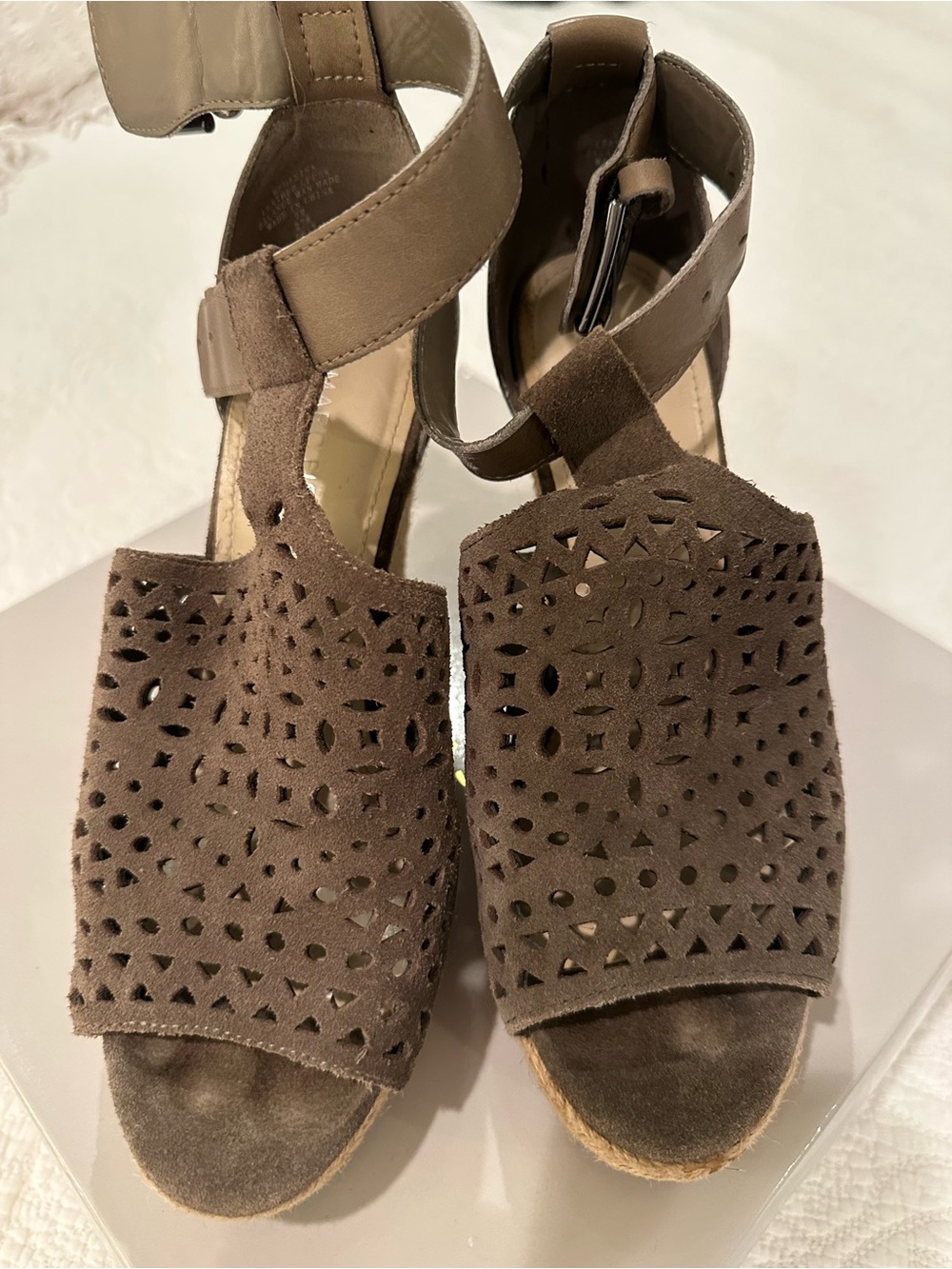Marc Fisher Brown Perforated Suede Espadrille Wedge Sandals